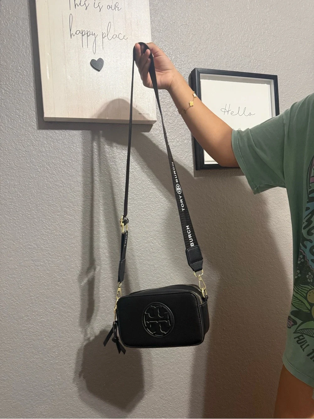 Tory Burch Black Pebbled Leather Camera Crossbody with Logo